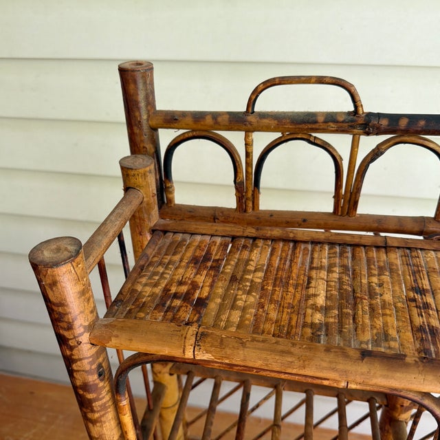 Vintage Mid Century Burnt Bamboo Shelf Hanging Wall Shelf Display Rack Etagere has curved design and open shelves...