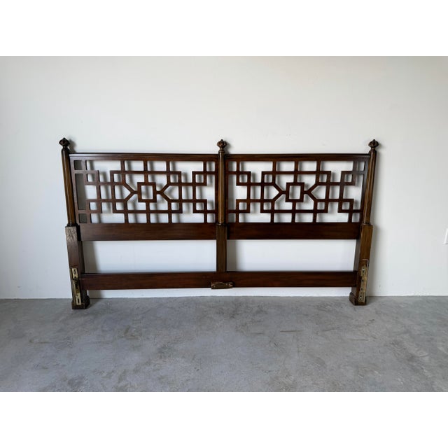 1970s Baker Hollywood Regency Style Walnut Fretwork King Size Headboard For Sale - Image 9 of 13