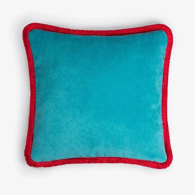 Contemporary Happy Pillow in Light Blue and Red from Lo Decor For Sale - Image 3 of 3