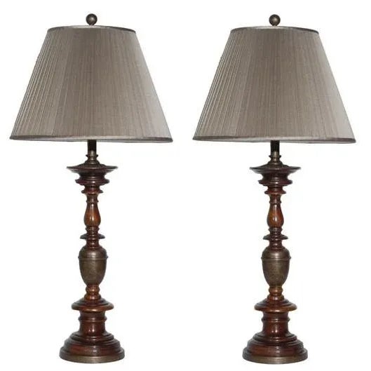 1990s Wooden Table Lamps with Shaped Design and Pleated Silk Shade - A Pair For Sale - Image 13 of 13