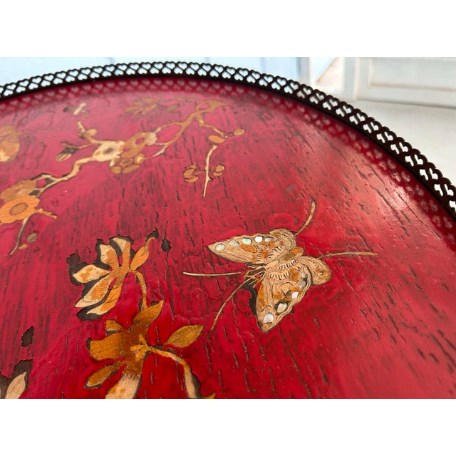 Antique Chinoiserie Red Lacquer Tray-Top Table I Ornate Cast Iron Base Coffee/Tea Table I Vintage English/French Accent Round Table I Circa 1880-1910 For Sale - Image 4 of 12