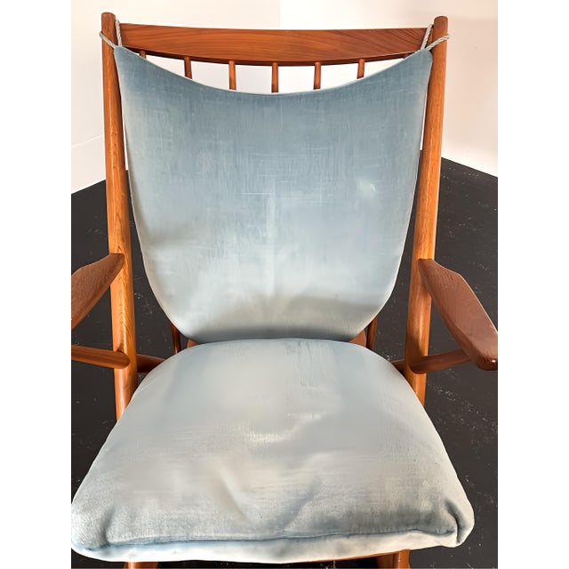 Teak Rocking Chair with Mohair Velvet Cover in Ice Blue by Frank Reenskaug for Bramin, Denmark, 1960s For Sale - Image 12 of 17