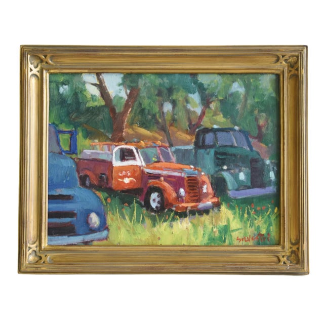 Late 20th Century Silvio Silvestri, Listed Artist Antique Trucks Landscape Oil Painting W/ Gold Frame For Sale - Image 5 of 10