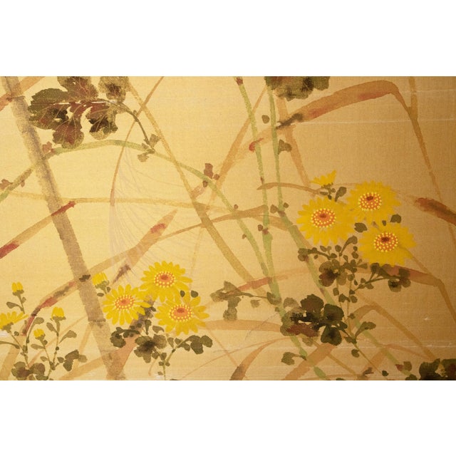 Wood "Tit and Chrysanthemums", Showa Era Japanese Painted Silk Bybu Screen For Sale - Image 7 of 18