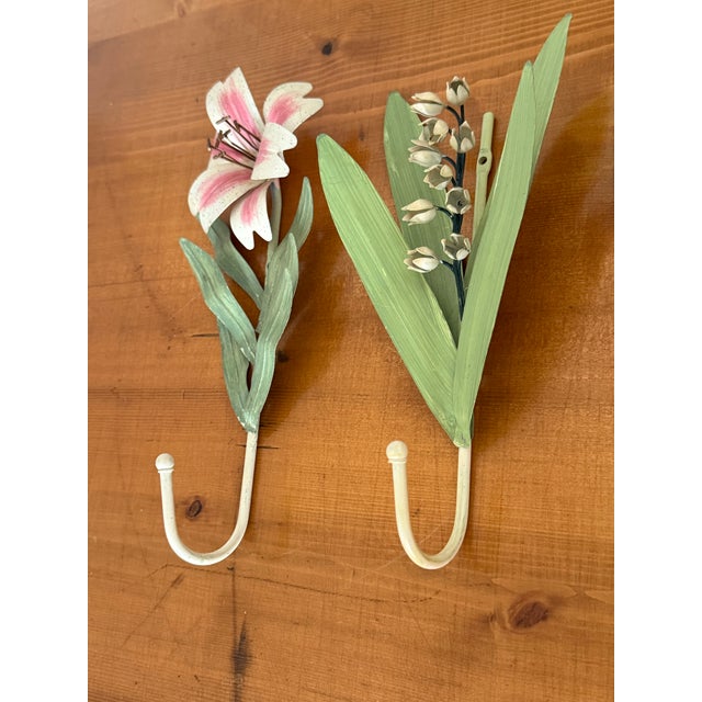Vintage Painted Tole Flower Wall Hooks, a Pair For Sale - Image 6 of 7