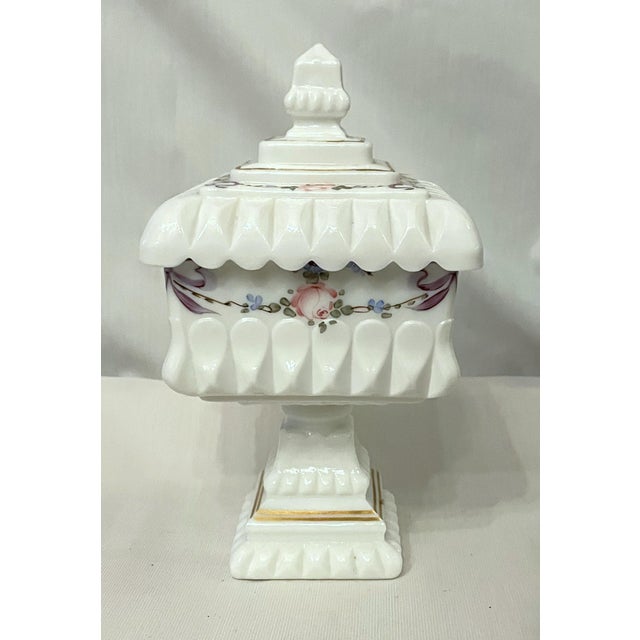 Beautiful Westmoreland milk glass bridal/wedding box with hand painted purple floral detail