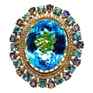 Bochic “Capri” Vintage Blue Topaz, Tanzanite & Diamond Ring Set In 18K Gold & Silver For Sale
