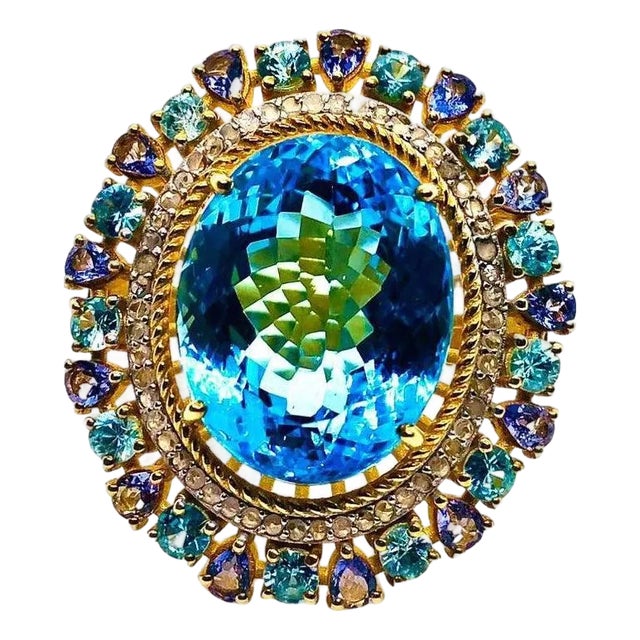 Bochic “Capri” Vintage Blue Topaz, Tanzanite & Diamond Ring Set In 18K Gold & Silver For Sale