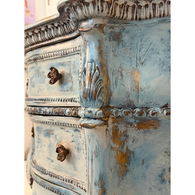 Blue Vintage Distressed Blue Dresser | Hand-Painted 3-Drawer Chest | Shabby Chic French Country | Carved Details | Maison Martine | One of a Kind For Sale - Image 8 of 12