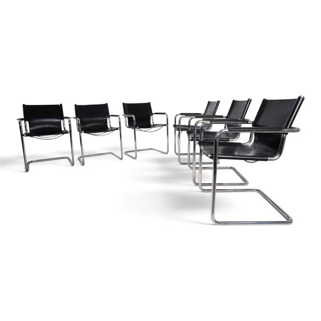 1970s Visitor Chairs in Leather and Chrome by Mart Stam and Marcel Breuer for Matteo Grassi, 1970, Set of 6 For Sale - Image 5 of 18
