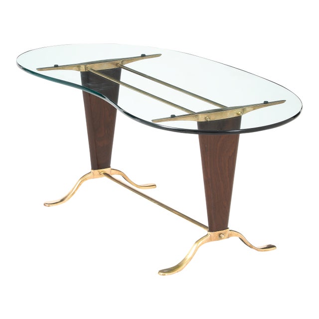 Paolo Buffa Style Brass and Walnut Coffee Table With Kidney Shape Glass Top For Sale