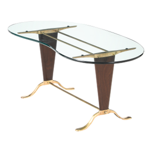 Paolo Buffa Style Brass and Walnut Coffee Table With Kidney Shape Glass Top
