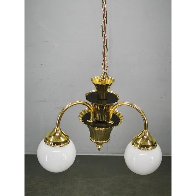 Czechoslovak Art Deco Brass and Opaline Glass Chandelier, 1930s For Sale - Image 11 of 15