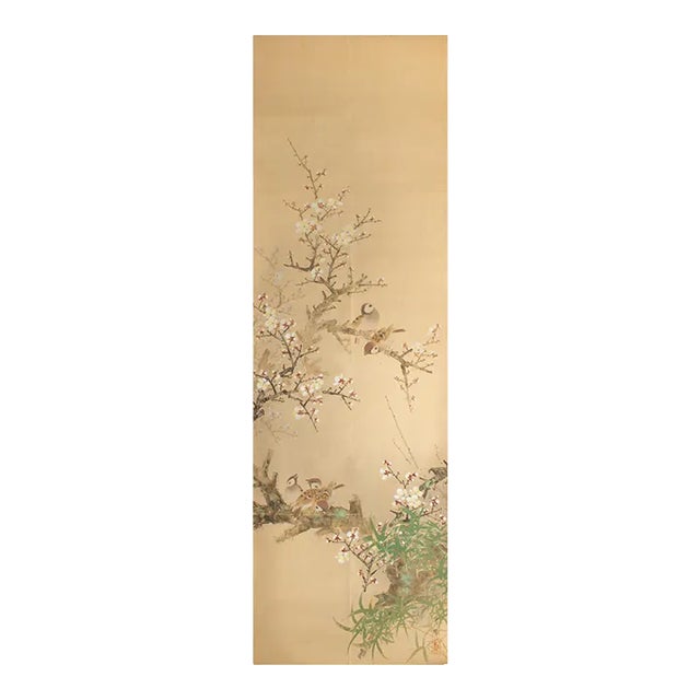 Pre-1940s Showa Era Japanese Large Watercolor Painting on Silk "Sparrows and Sakura" For Sale