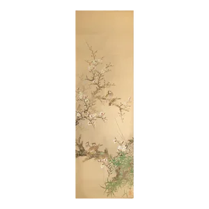 Pre-1940s Showa Era Japanese Large Watercolor Painting on Silk "Sparrows and Sakura"