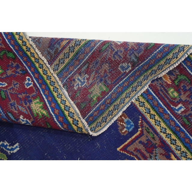 Textile 1970s Vintage Turkish Handmade Wool Cotton Blue Area Rug For Sale - Image 7 of 12