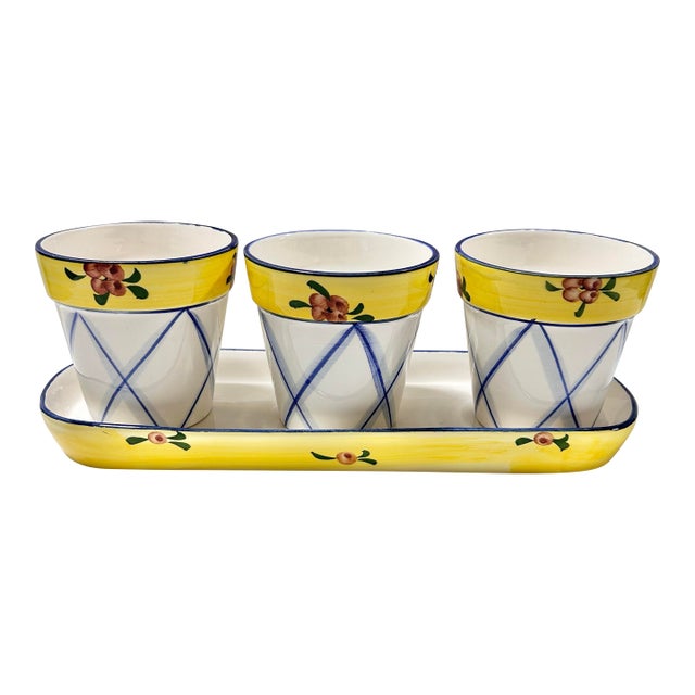 Vintage Jay Willfred Hand-Painted Ceramic Planter Set With Tray For Sale