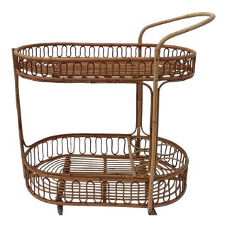 Mid-Century Rattan Bamboo Bar Cart Serving Trolley 1950s Italy For Sale