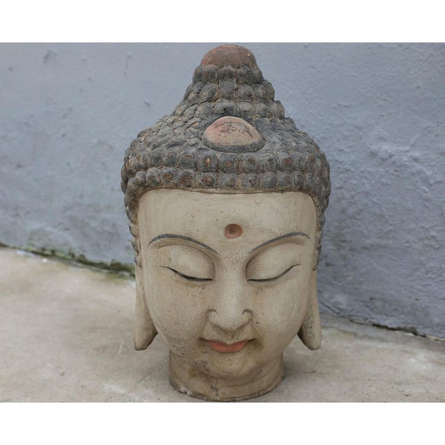 Chinese Vintage Chinese Painted Wood Buddha Head For Sale - Image 3 of 4
