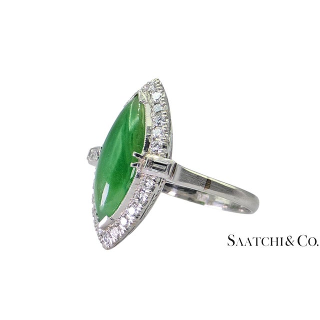 Contemporary Mid 20th Century Vintage Platinum (950) - Natural Diamond & Jade Ring, Size 6.75 For Sale - Image 3 of 9
