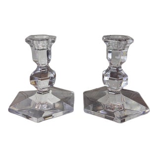 Val Saint-Lambert Signed Belgian Crystal Candlesticks, Pair, 5" Tall, Late 20th Century For Sale