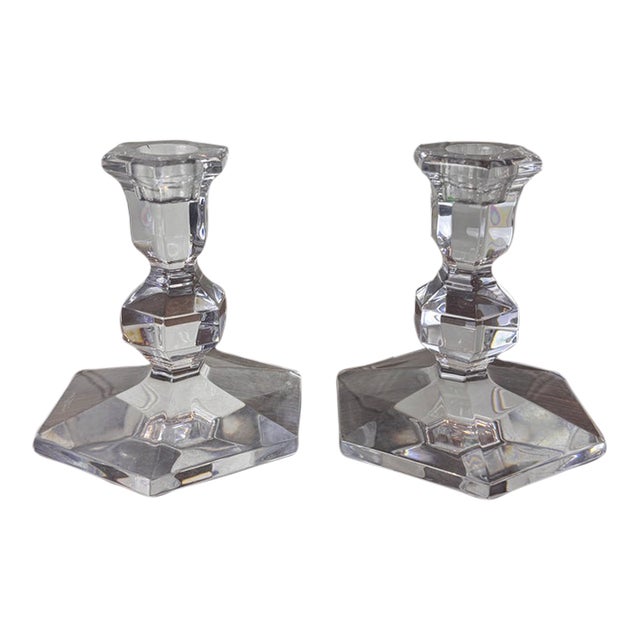 Val Saint-Lambert Signed Belgian Crystal Candlesticks, Pair, 5" Tall, Late 20th Century For Sale