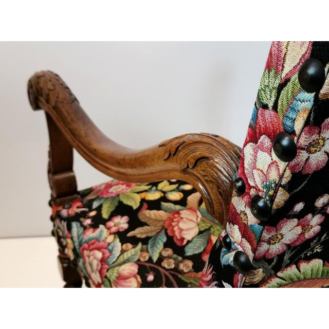 Antique Louis XIII and Renaissance Walnut Armchairs with Parrot Upholstery, 1890s, Set of 2 For Sale - Image 12 of 18