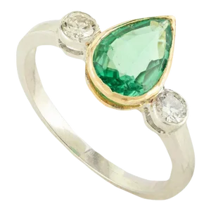 18k Solid White Gold Pear Cut Emerald Diamond Trinity Ring Size 7