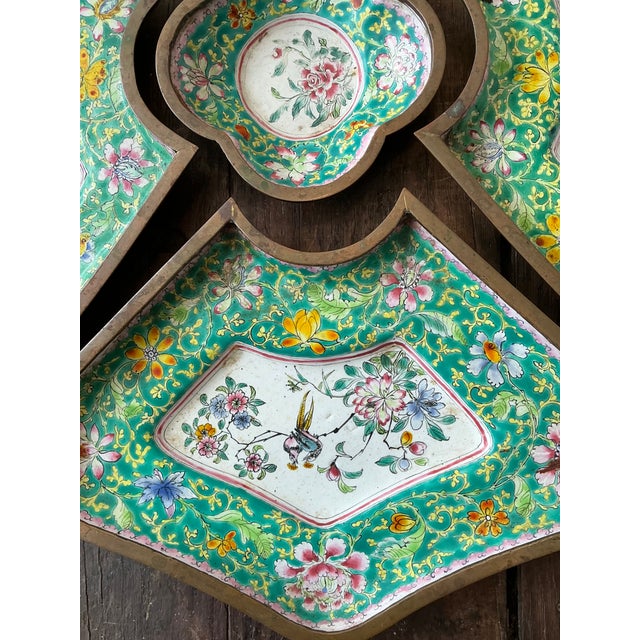 Celadon Vintage Chinoiserie Hand Painted Floral Metal Tray Set For Sale - Image 8 of 12