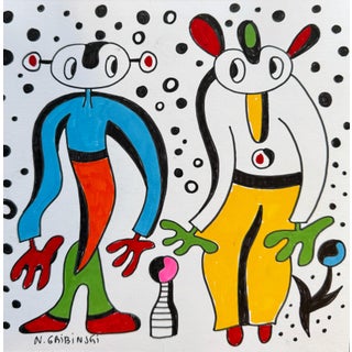 The Meeting Under Dots — Nathalie Gribinski — Small Abstract Figurative Drawing (8 X 8 In, 2025) For Sale