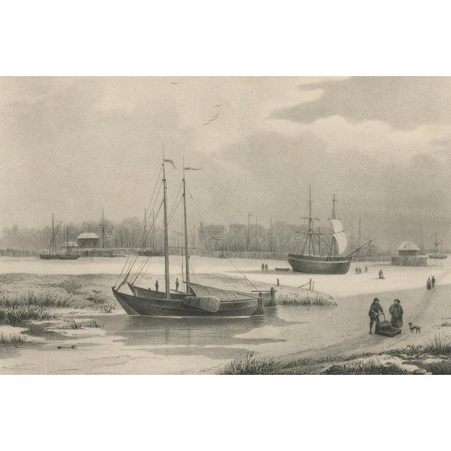 Amsterdam View with Ships and Ice Skaters, 1850, Paper For Sale - Image 5 of 10