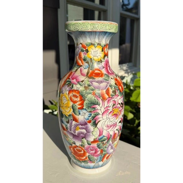 Chinoiserie Hand‑Painted Famille Rose Floral Vase With Green Key‑Fret Rim For Sale - Image 3 of 6