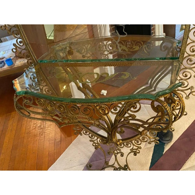 Art Deco 1940s Monumental Italian Gilt Wrought Iron & Etched Mirror For Sale - Image 3 of 7