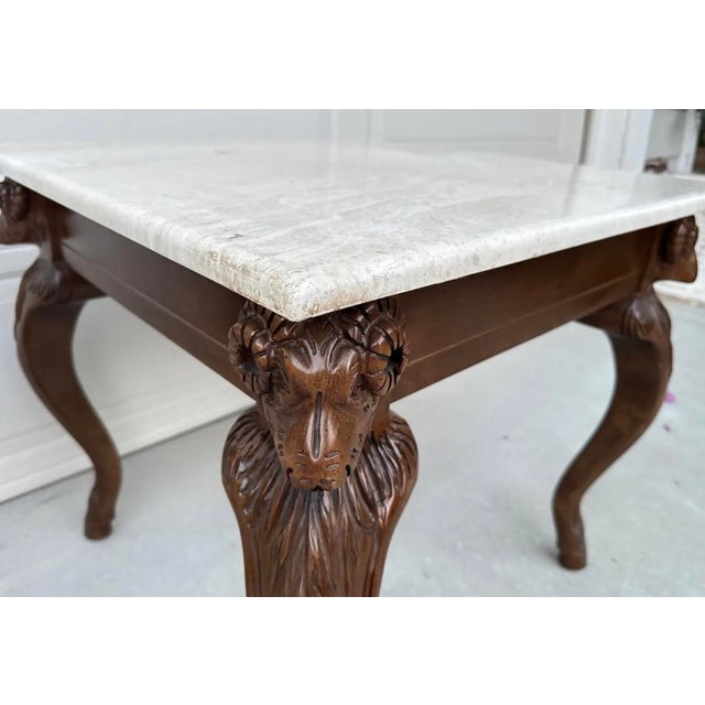 Vintage Ram’s Head Carved Walnut & Travertine Side Tables Attributed to Minton Spidell – Pair For Sale - Image 10 of 18