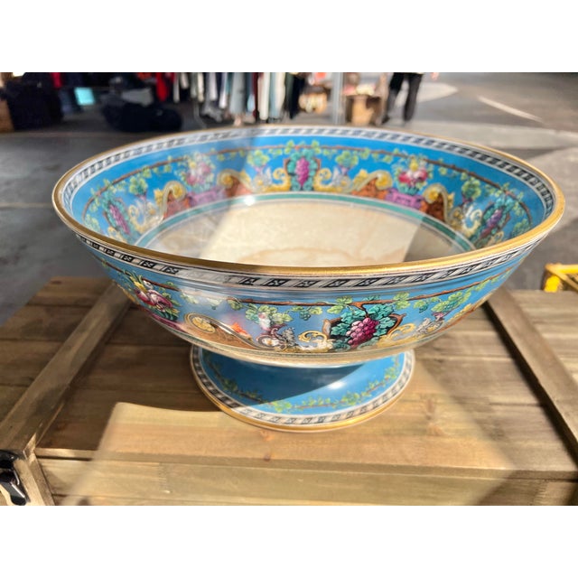 Large Antique Turquoise Blue Footed Vine & Scroll Punch Bowl For Sale - Image 4 of 10