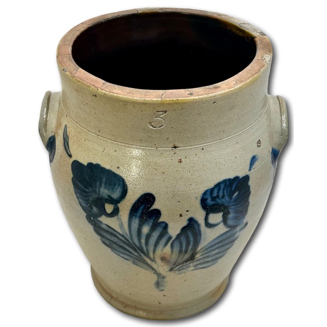 American Outstanding Large 3 Gallon Size Antique American Stoneware Jar With Extensive Blue Hand Decorated Features - Circa 1830s For Sale - Image 3 of 18