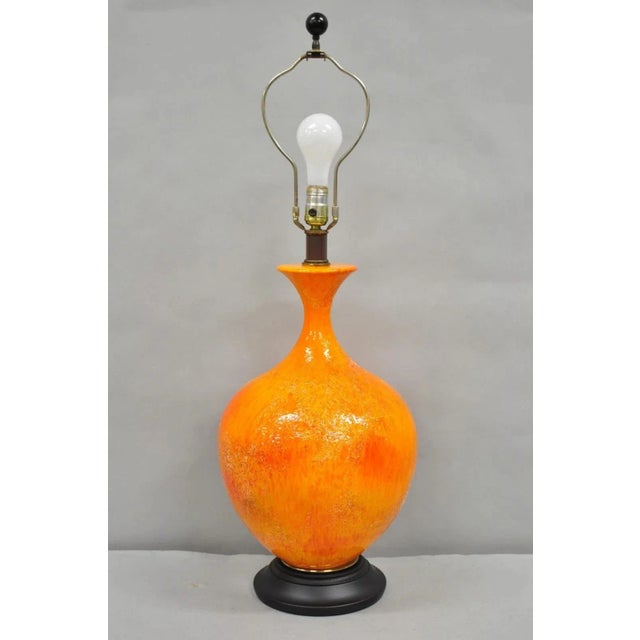 Vintage Mid Century Modern Orange Lava Glazed Bulbous Ceramic Pottery Table Lamp For Sale - Image 12 of 12