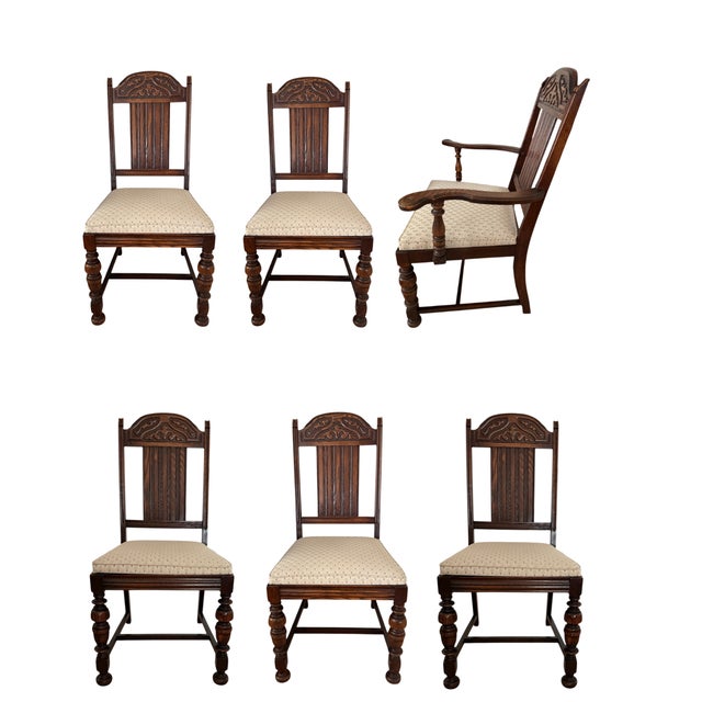 Bernhardt Vintage 1930s Bernhardt Jacobean Dining Table & 6 Chairs, Original, Professionally Reupholstered - Set of 7 For Sale - Image 4 of 18