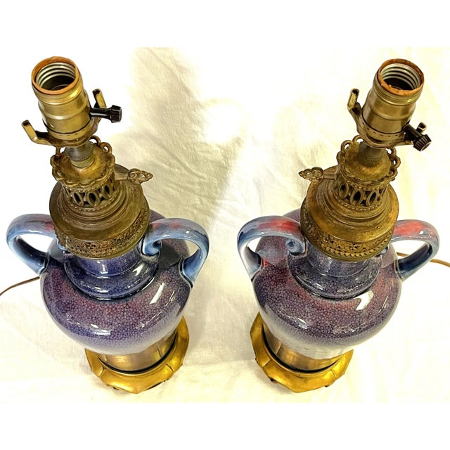 Mid 20th Century Vintage Ceramic Amphora Handled Vase Lamps With Purple Floral Decoration- a Pair For Sale - Image 5 of 12
