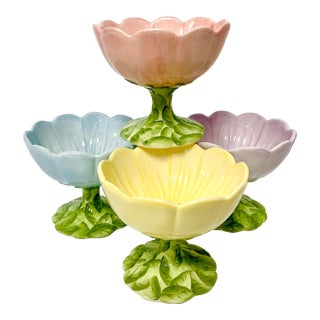 Vintage Boho Chic Trompe L’Oeil Buttercup Flora Pedestal Bowls, MacKenzie-Child’s Style - Set of 4 For Sale