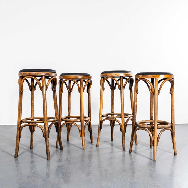 1960’s Original Warm Oak Bentwood Upholstered Bar Stools. - Set Of Six. Good quality classic bentwood bar stools with a...