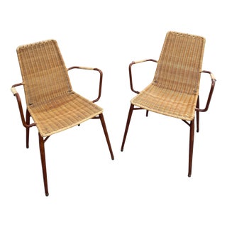 Stitched Leather and Rattan Armchairs by Jacques Adnet, 1950s, Set of 2 For Sale