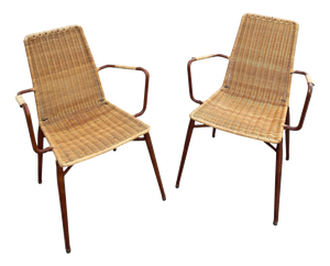 Stitched Leather and Rattan Armchairs by Jacques Adnet, 1950s, Set of 2