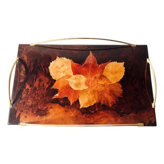 Art Deco Serving Tray with Leaves Under Resin on Burl Wood and Brass Handles, France, 1930s For Sale