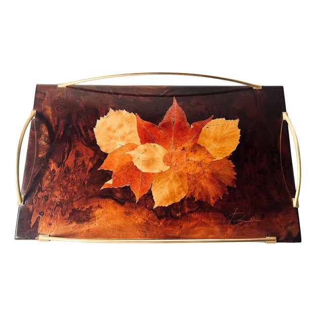 Art Deco Serving Tray with Leaves Under Resin on Burl Wood and Brass Handles, France, 1930s For Sale