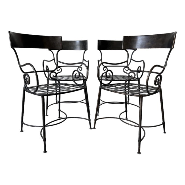 Set of Four Hollywood Regency / Neoclassical Style Wrought Iron Garden Dining Chairs by Arhaus For Sale