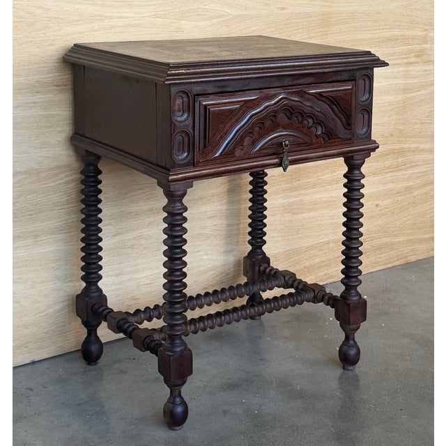 19th Century Pair of Light Walnut Carved Spanish Nightstands With Lentil Legs and Drawer For Sale - Image 4 of 13