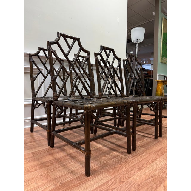Chippendale Vintage Set of 6 Chinese Chippendale Rattan Dining Chairs For Sale - Image 3 of 10