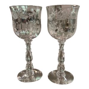Fostoria Pair of Willow-Mere Pattern Wine Glasses - Etched Roses