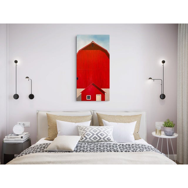 Textile Still the Heartland by Justin Wheatley | Acrylic on Canvas Red Barn With Blue Sky For Sale - Image 7 of 10